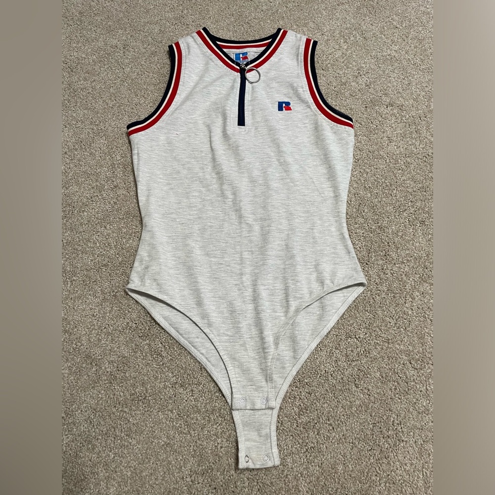 Gray Zipper Neck Russell Bodysuit